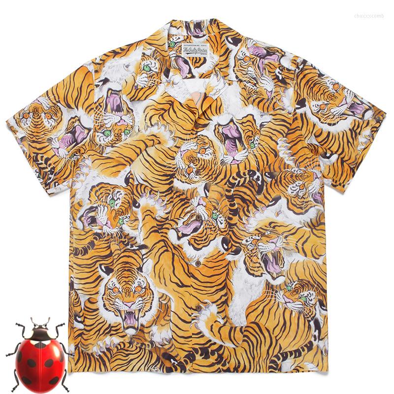 

Men' Casual Shirts Full Yellow Tiger Print Pattern Thin Silk Wacko Maria Short Shirt T