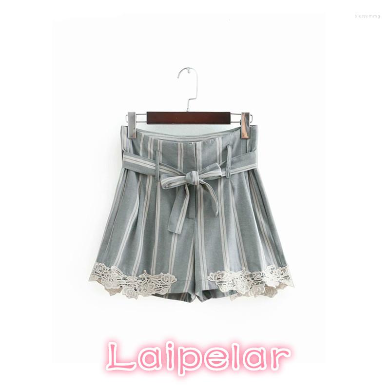 

Women' Shorts Summer Vintage Cotton Linen High Waist Women Cute Bow Tie Lace Striped Ladies Korean Fashion Short Feminino Streetwear, Picture shown