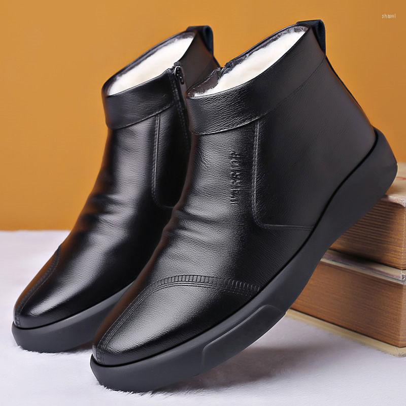 

Boots Business Shoes PU Leather Men Winter Warm Cotton For Cold Cow Ankle Male Footwear, Black