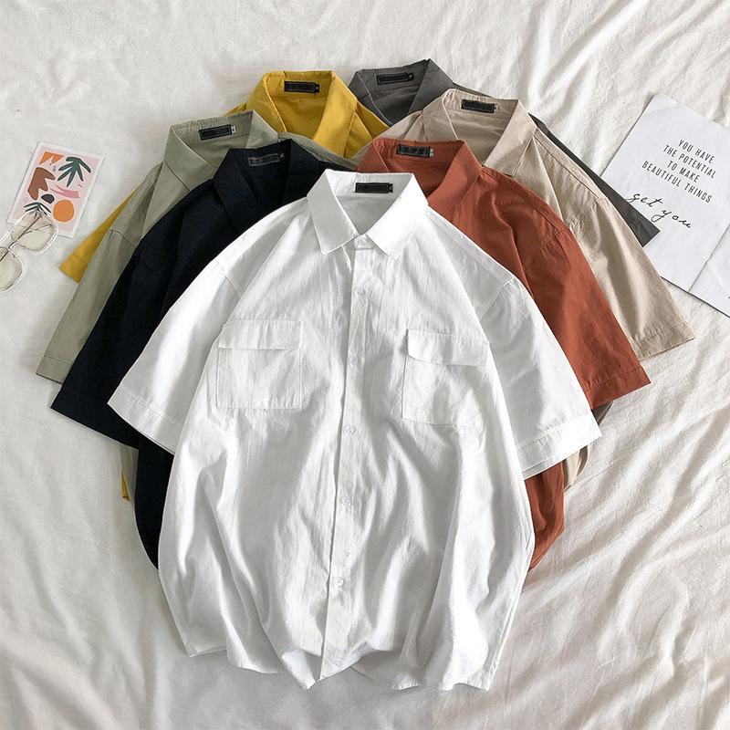 

Men's Casual Shirts Summer Simple Tooling Short-sleeved Shirt Men's Korean Student Handsome Five-point Sleeve Fashion Loose White