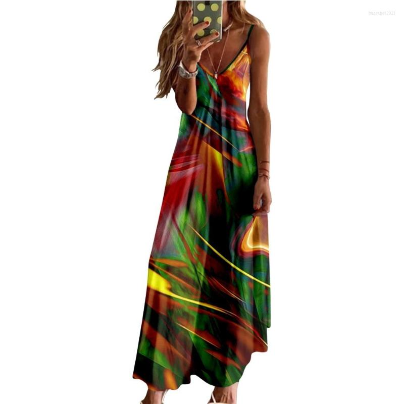 

Casual Dresses Spring Summer Women V-Neck Fluorescent Lines Printed Sexy Beach Long Maxi Dress Split Sleeveless Clothing Holiday Vestido, Zy00848a57-a504