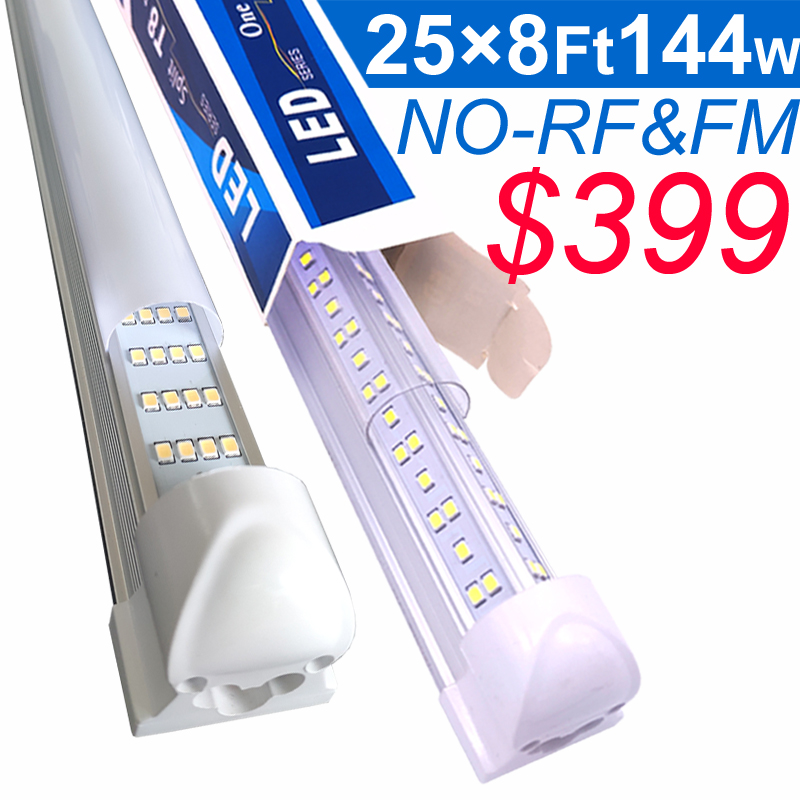 

8Ft Led Tube Frosted Cover 8 Feet Shop Lights Fixture 96 Inch Cooler Door Freezer Integrated Lamp 4 Row 144W Transparent Clear Covers No RF FM Interference