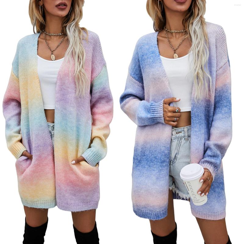 

Women' Knits IMCUTE Y2K Tie-dye Printed Knitted Long-sleeved Mid-length Sweater Coat Autumn And Winter V-neck Cardigan With Pockets, Pink