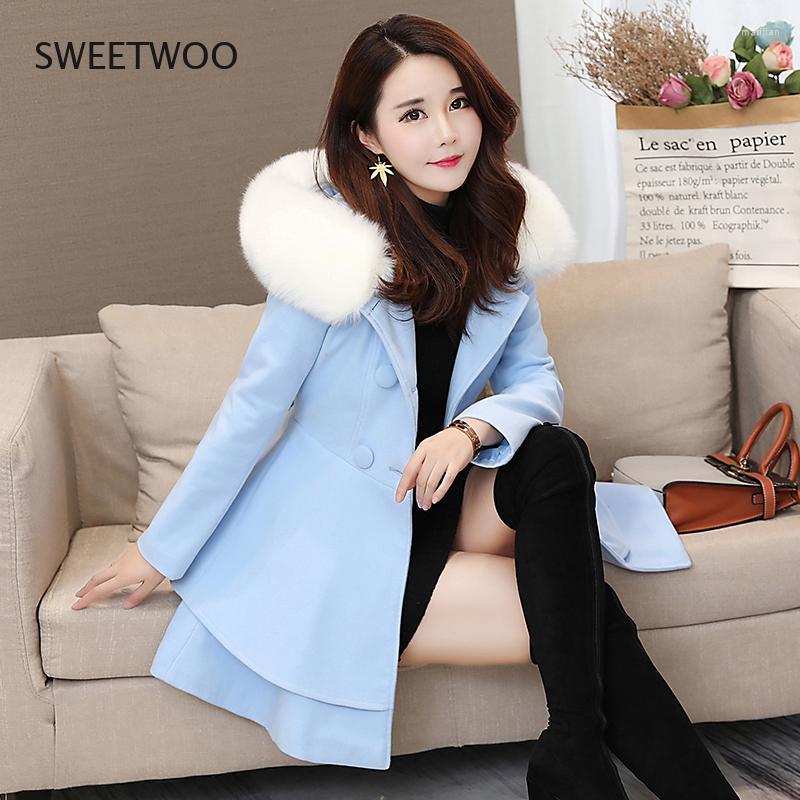 

Women's Trench Coats 2022 Winter Woolen Jacket Female Medium Long Hooded Skirt Coat Ladies Large Fur Collar Wool Women Clothing, Blue