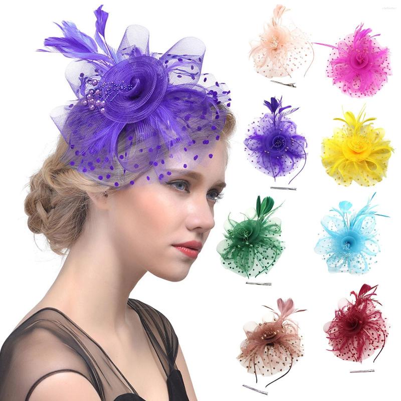 

Berets Women Wedding Mesh Hat Fascinator Penny Ribbons Feathers Party Feather Retro Elegant Hair Bands Hoop Accessories 2022, Coffee