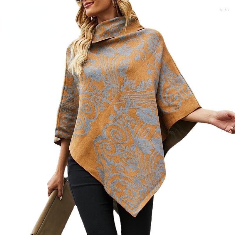 

Women's Sweaters Women's Winter Clothing Lapel Printed Cloak Shawl Sweater Coat Korean Style Oversized Knitted Poncho, Black
