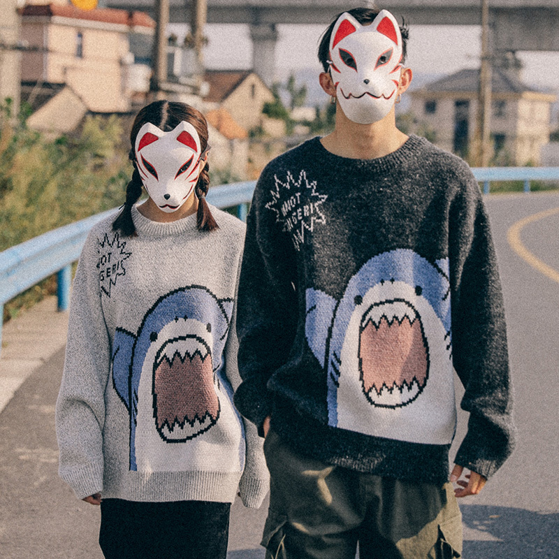 

Men's Sweaters ZAZOMDE Couple Cartoon Shark Casual Loose Hip Hop Knit Pullover Autumn Winter Oversized Unisex Tops Men 221114, Gray