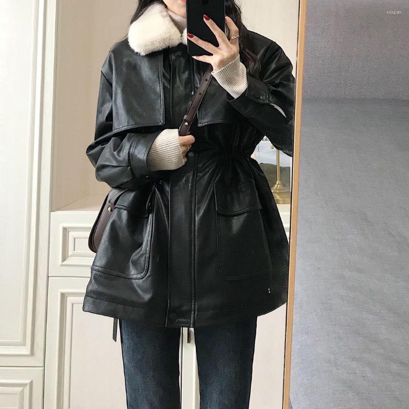 

Women' Leather Autumn Winter Thick Fur Coat Women Retro Lapel Windbreaker With Belt Fashion Add Velvet Motorcycle Jacket, Black