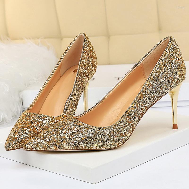 

Dress Shoes Women 7.5cm 10cm High Heels Pumps Wedding Bridal Scarpins Sparkly Medium Lady Party Fashion Glitter Red, Champagne 7cm heels