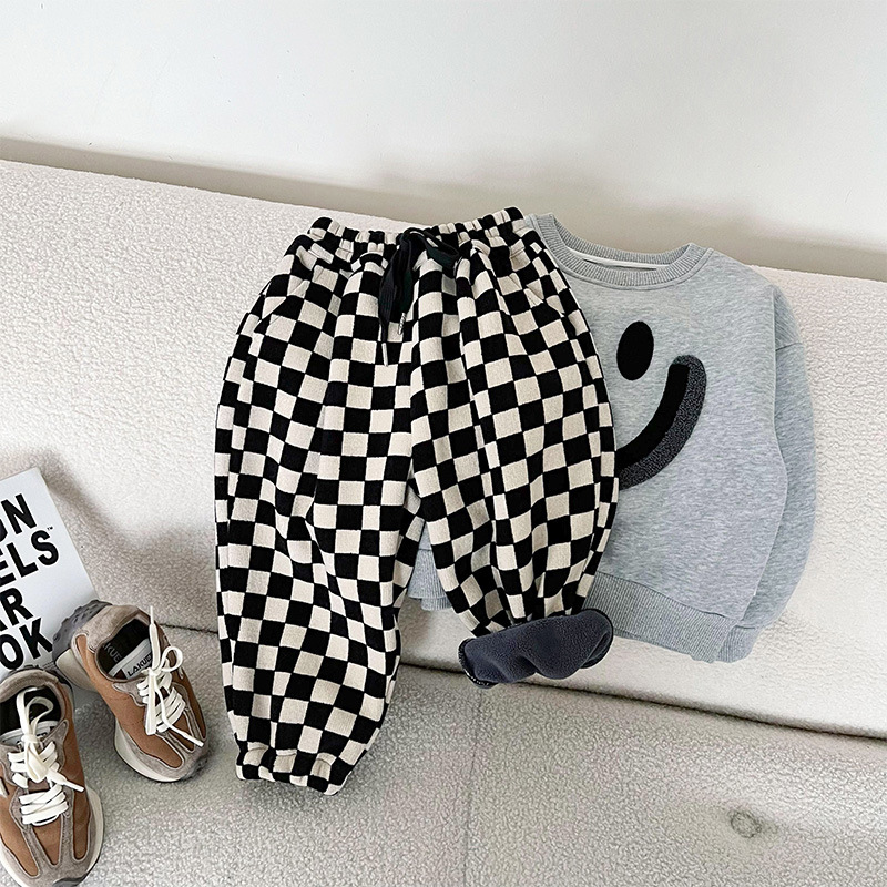 

snpbaby kid's sports Trousers men's pants checkerboard casual trousers children's clothing big children plus velvet autumn and winter models, Black