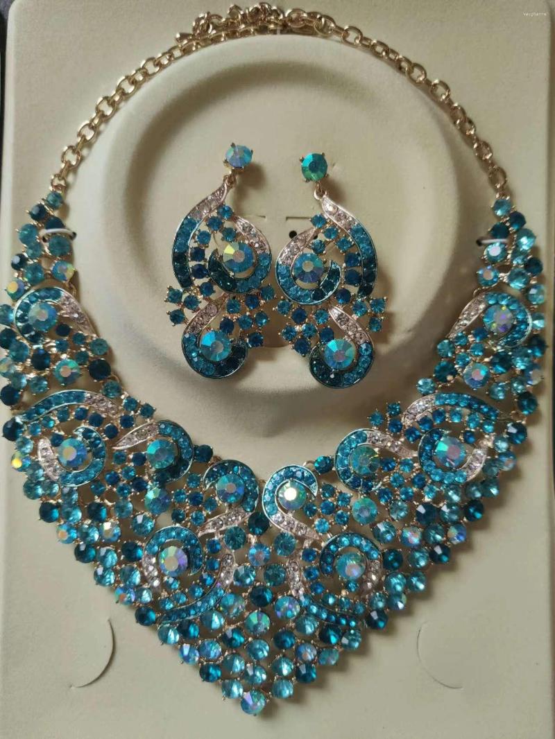 

Necklace Earrings Set Amazing Blue Crystal Rhinestone Nigerian Wedding Jewelry Fashion Chunky Bib Statement 5 Colors WC010, Picture shown