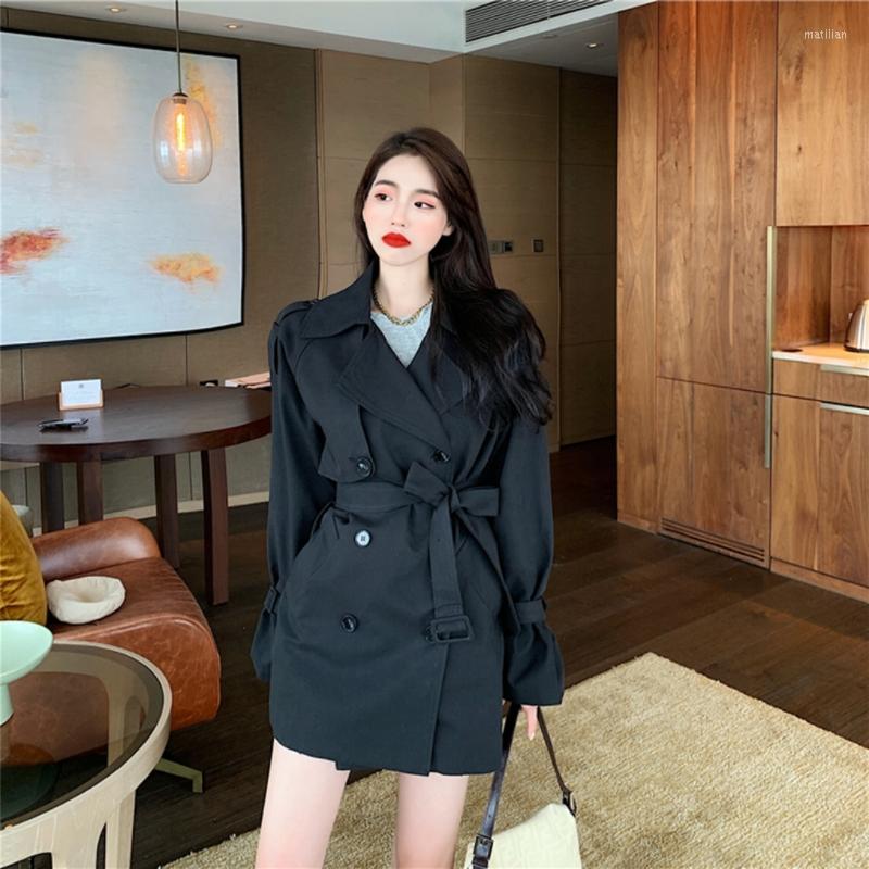 

Women's Trench Coats 2022 Autumn Western Style Waistband Windbreaker Double Breasted Long Sleeve Coat For Women Female Clothing, Black
