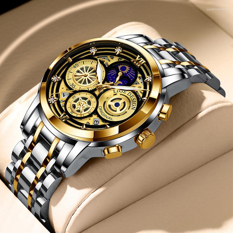 

Wristwatches LIGE Men Watch Original For Waterproof Stainless Steel Quartz Fashion Business Sun Moon Star Wristwatch Luxury Clock, Sil gd black tool