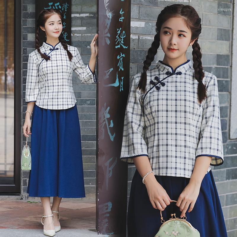 

Ethnic Clothing Traditional Chinese Woman Tang Suit Set Vintage Plaid Hanfu Cotton Breathable Comfortable Clothes