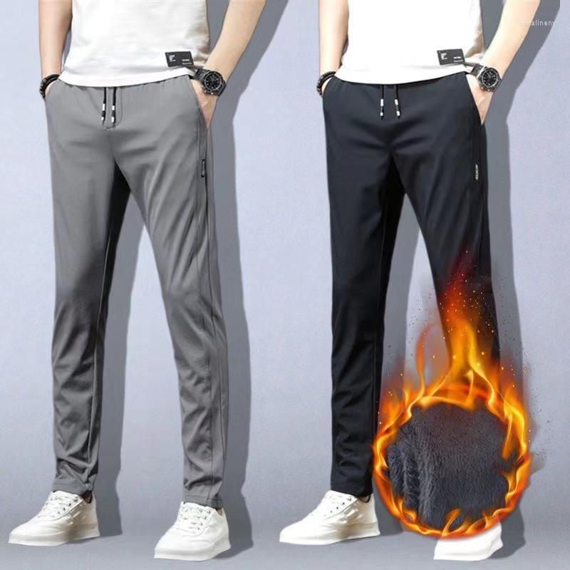 

Men's Pants Autumn Winter Men's Fleece Casual Slim Straight Plus Velvet Warm Trousers Male Appliques Fashion Stretch, Black 8807jr-a2