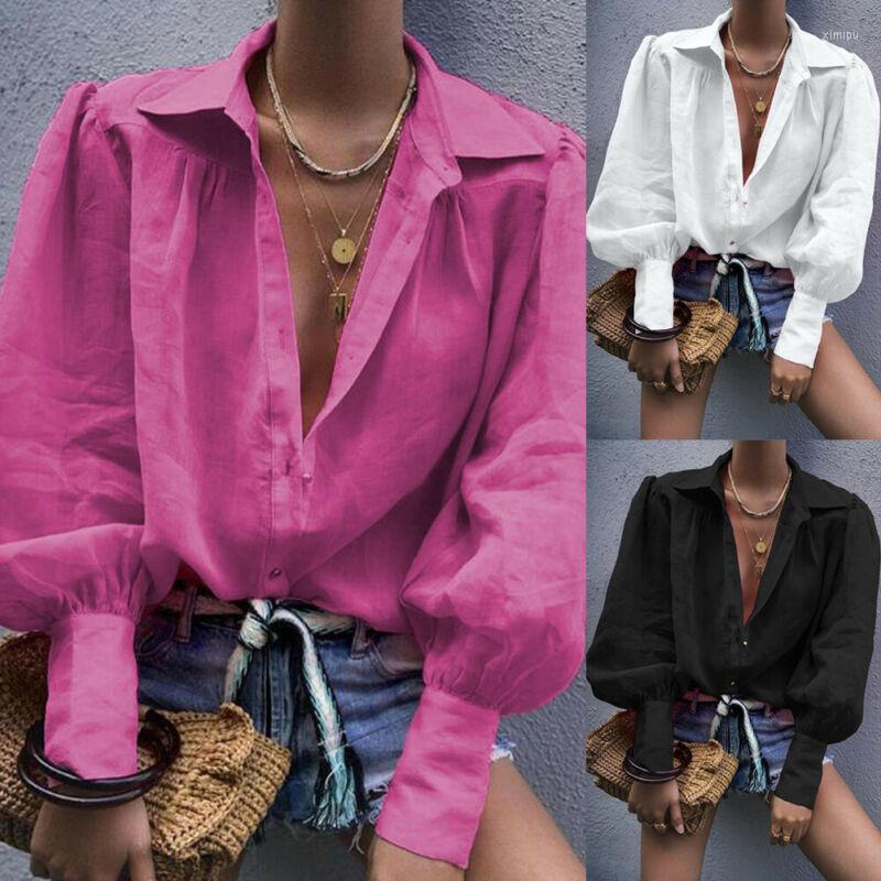 

Women' Blouses Womens Autumn OL Work Solid Black Brief Button UP Shirt Ladies V-Neck Office Lantern Long Sleeve Loose Blouse Tops 3 Colors