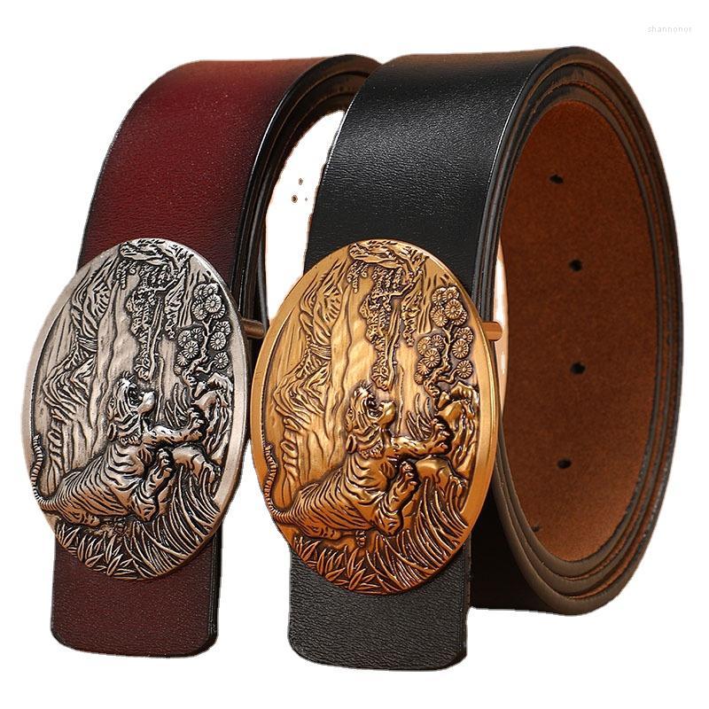 

Belts Tiger Metal Buckle Leather Belt Men's Luxury Design Fashion Casual Versatile Jeans Business People High Quality Brand, Black