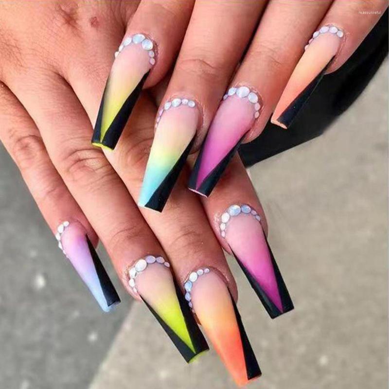 

False Nails Rainbow Color Long Ballerina Fake Set Press On French Coffin Nail Tips With Designs Colorful Blooming Manicure, Only fake nails