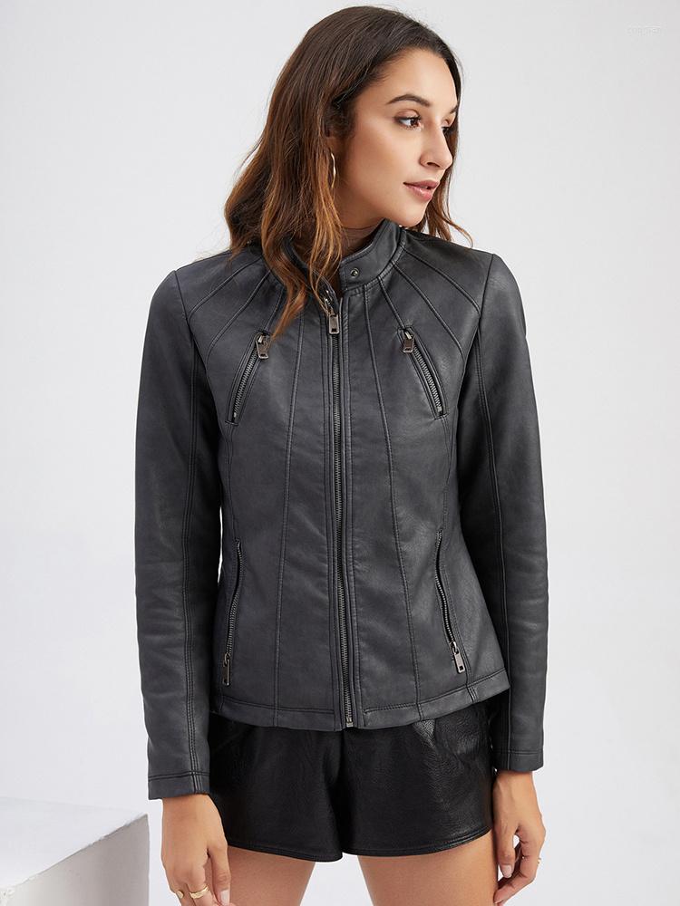 

Women' Leather Spring Autumn Slim Fit Zipper Pu Faux Short Jacket Motorcyle Biker Female Windproof Coat Streetwear Tops, Dark grey