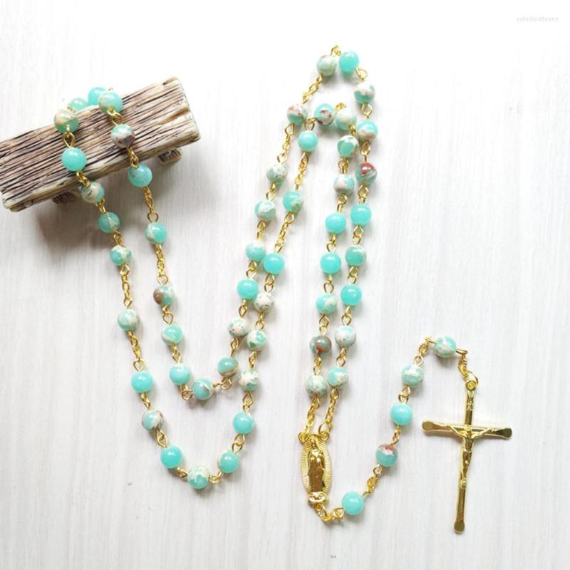 

Pendant Necklaces Diyalo Unique Serpentine Stone Beads Chain Gold Color Our Lady Of Guadalupe Medal Crucifix Cross Rosary Necklace Prayer