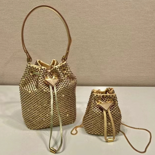

Embellished Satin Mini Pouch Bag Dazzling Design Enameled Metal Triangle Logo All over Crystals Luxury Woman Bucket Crossbody Shoulder Bags Purses Wallet Platinum, Gold /mini