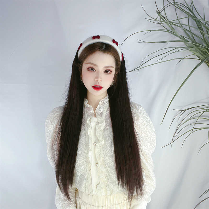 

Women's Hair Wigs Lace Synthetic Female Hoop Black Long Straight Net Red Belt Goods Tracel Simulation Hair U-shaped Wig Head Cover