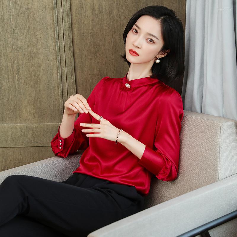 

Women's Blouses 2022 Women;s High Quality Real Silk 92% Korean Women And Shirts Long Sleeved Stand Collar Tops, Green
