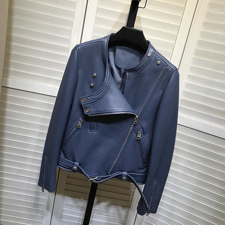 

Women' Leather 2022 Autumn Women' Biker Jackets Designer High Quality Shpeepskin Real O-neck Coat C264, Black