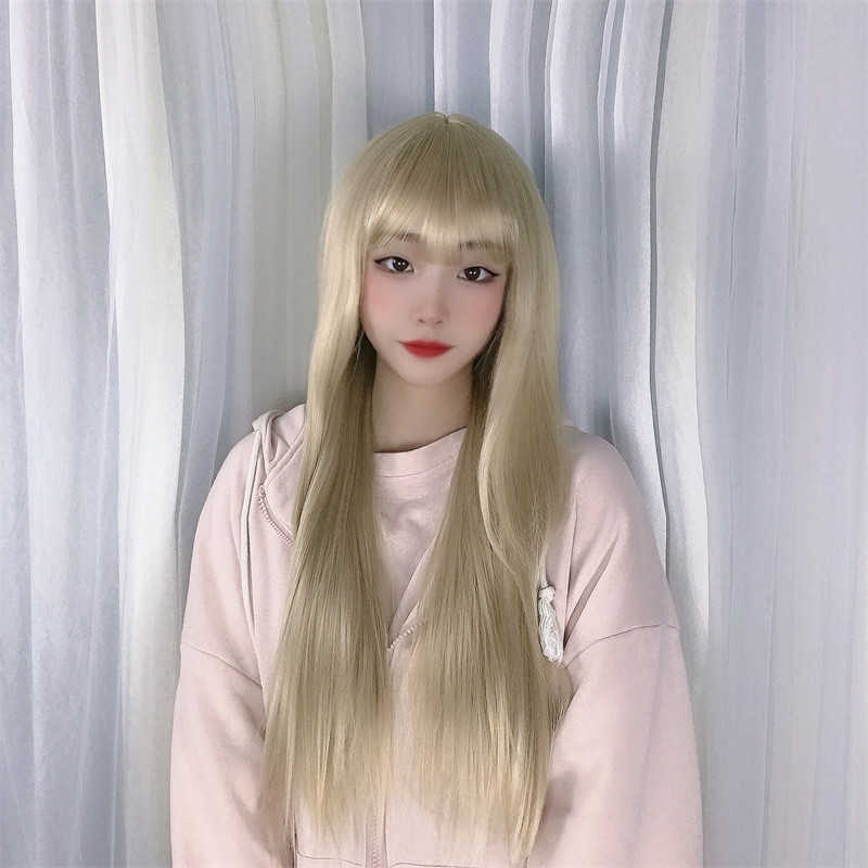 

Women's Hair Wigs Lace Synthetic Soft Girl Female Long Straight Hair Beige Trim Face ffy Chemical Fiber Wig Headcover, Black
