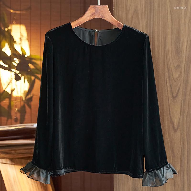 

Women' Blouses Vintage Women' Black Shirt Autumn Winter Elegant Shirts For Women Long Flare Sleeve Real Silk Velvet Woman Blouse Tops