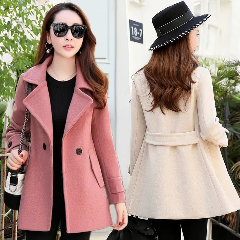 

Women's Wool Blends Woolen Coat Spring Autumn Lady Basic Fashion Temperament Slim Short Women Jacket Solid Outwear 221114, Pink
