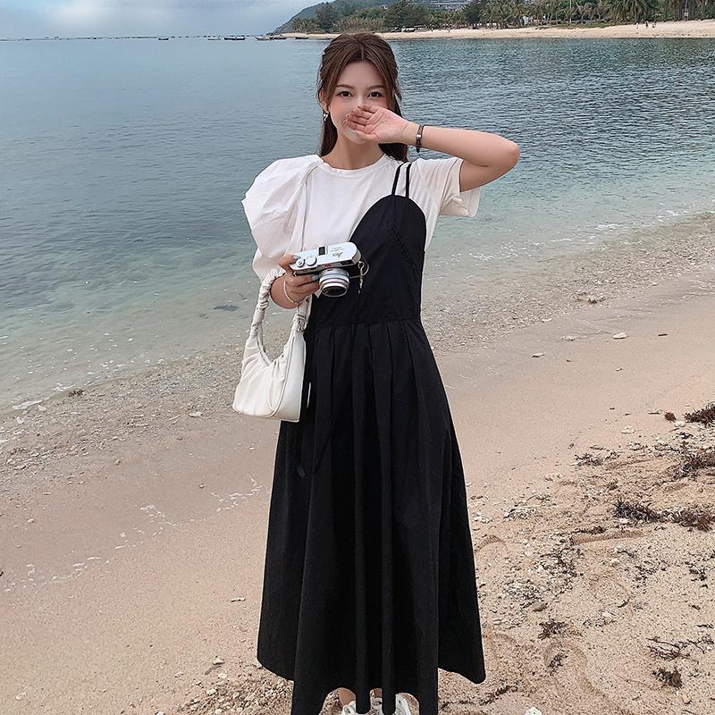 

Work Dresses Women Plus Size Sweet Suit White Short Sleeve T Shirt Top And Strap Black Dress Two Piece Set Elegant Outfit Summer Clothing, Picture
