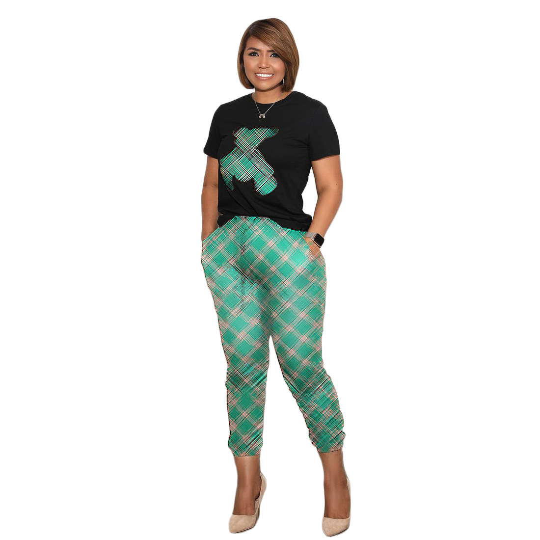 

Tracksuit Women' Jogging Suit Summer Fashion Short Sleeve Top and Trousers Two Piece Set Printing O-Neck 2 Piece Sets Women Outfits, Green g