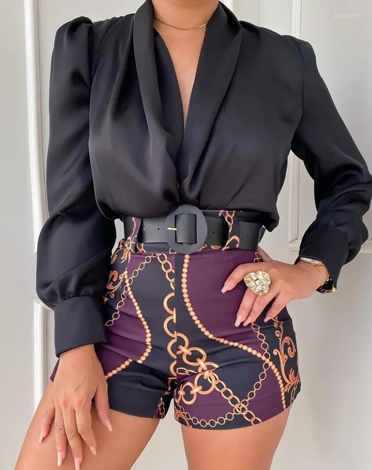 

Women's Tracksuits Casual Shorts Sets Womens Outfits 2022 Summer Vintage Vacation Ruched Puff Sleeve Long Top & Chain Print Belted