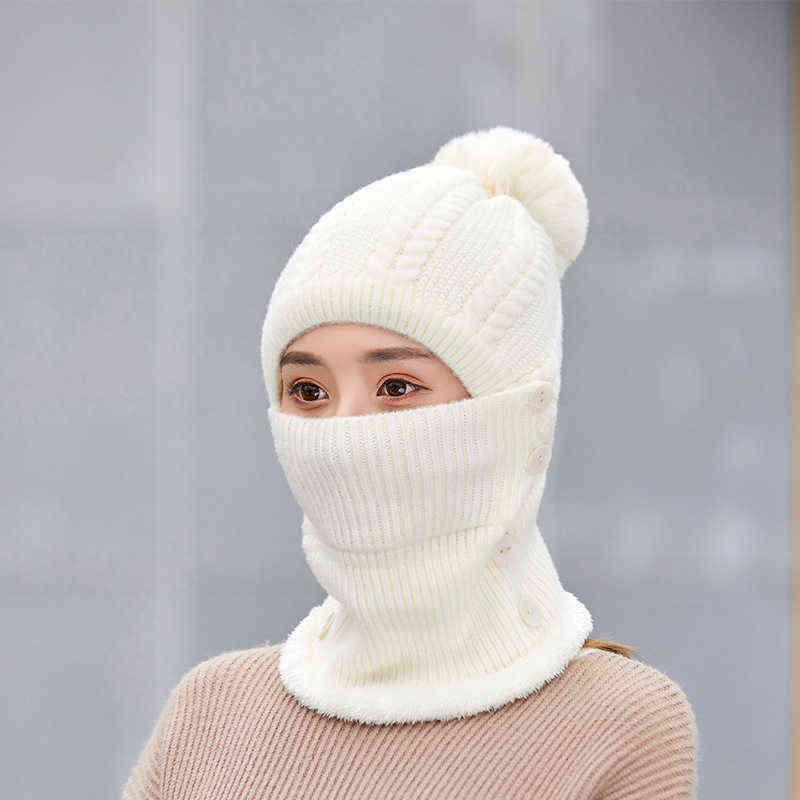

beanie Winter Hat Women's hat Warm Knitted Bib Bubble Thick Wool Cold With Earmuffs Baotou Cap, Wine red
