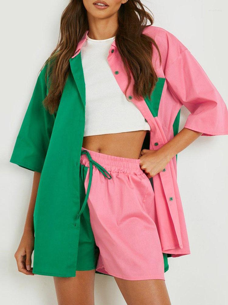 

Women' Tracksuits Fashion Contrast Color Splicing 2pc Sets Summer Short Sleeved Street Outfit Women Lapel Shirt Lace Up Shorts Loose Sports, 01 green