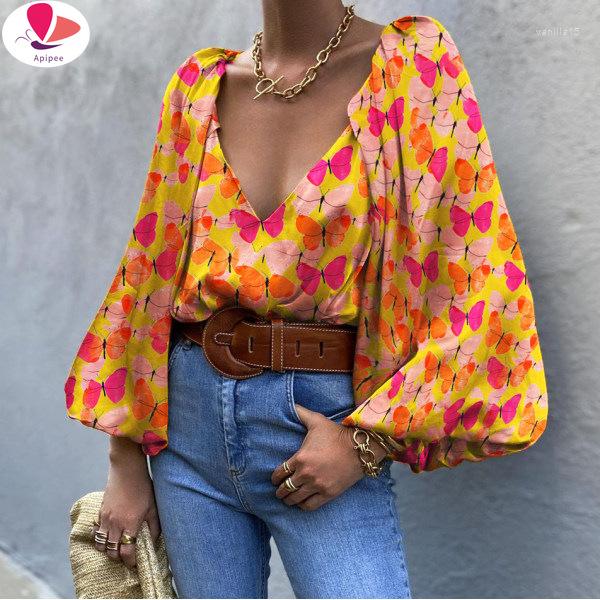 

Women' Blouses Off Shoulder Puff Sleeve Blouse Backless Butterfly Print Shirts Women 2022 Lace Up Orange V-Neck Woven Summer Streetwear, Orange butterfly