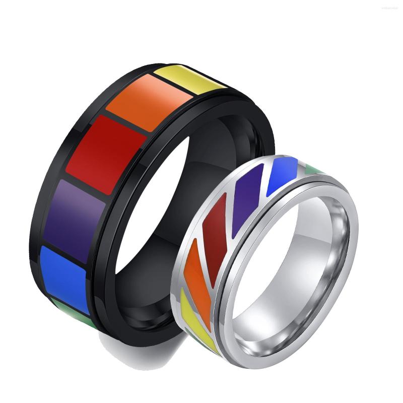 

Wedding Rings 8mm Titanium Steel Rotatable Ring For Men Colorful Rainbow Round Finger Gay Friendship Pride Jewelry