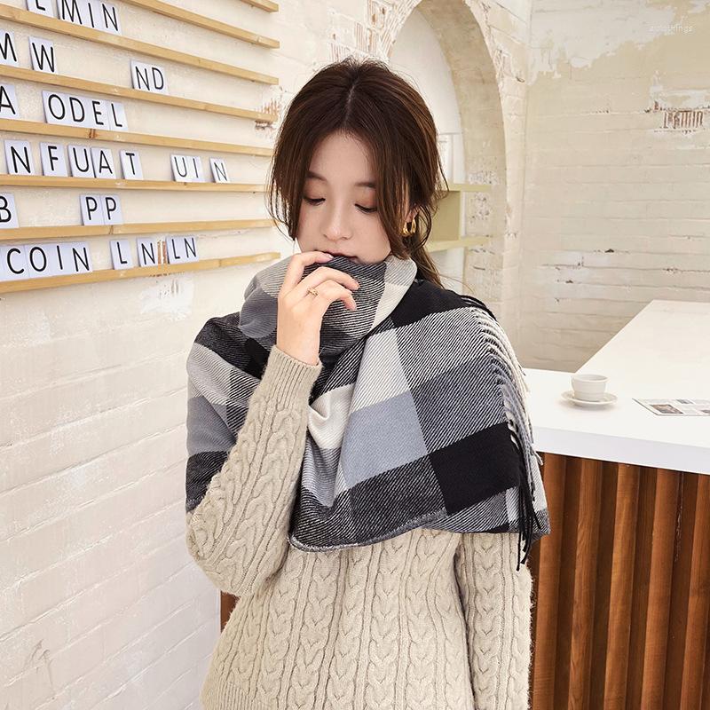 

Scarves Wool Scarf Women Korean Japanese Version Tassel Thick Warm Long Plaid Winter Polyester Imitation Cashmere Shawl Dual-use