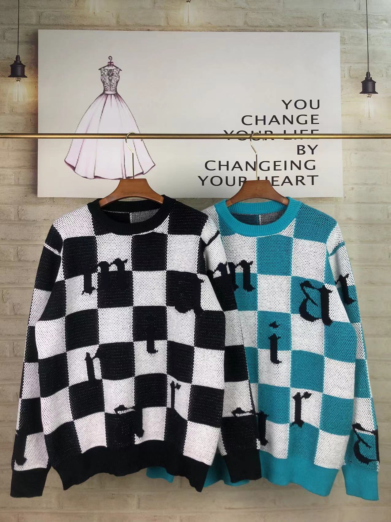 

Crewneck Sweaters Plaid Knitted Oversized Men Womens Print Pullover Hip Hop Sweater Streetwear Casual Loose Men Tops, Blue