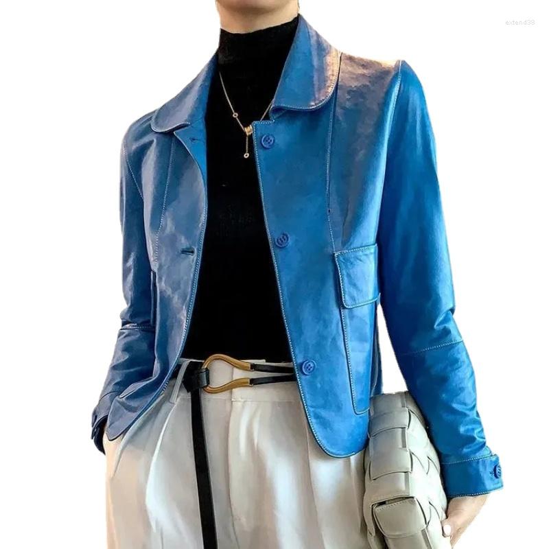 

Women' Leather Women' Jacket 2022 Spring Autumn Coat Fashion Women Windbreaker Temperament Slim Double Pocket Top, Blue