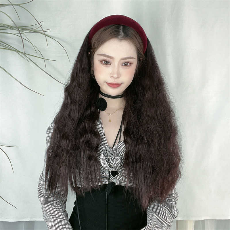 

Women's Hair Wigs Lace Synthetic Wig Female Imitation Corn Perm Curl Net Red Band Long Hair Half Cap, Black wig