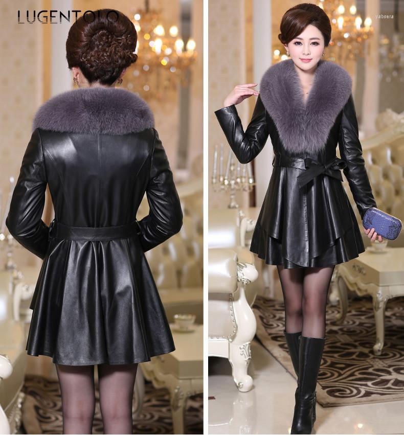 

Women' Leather PU Fur Collar Women Slim Fashion Jacket Thin Autumn Winter Female Solid Adjustable Waist Korean Street Elegant Coat, Black-black
