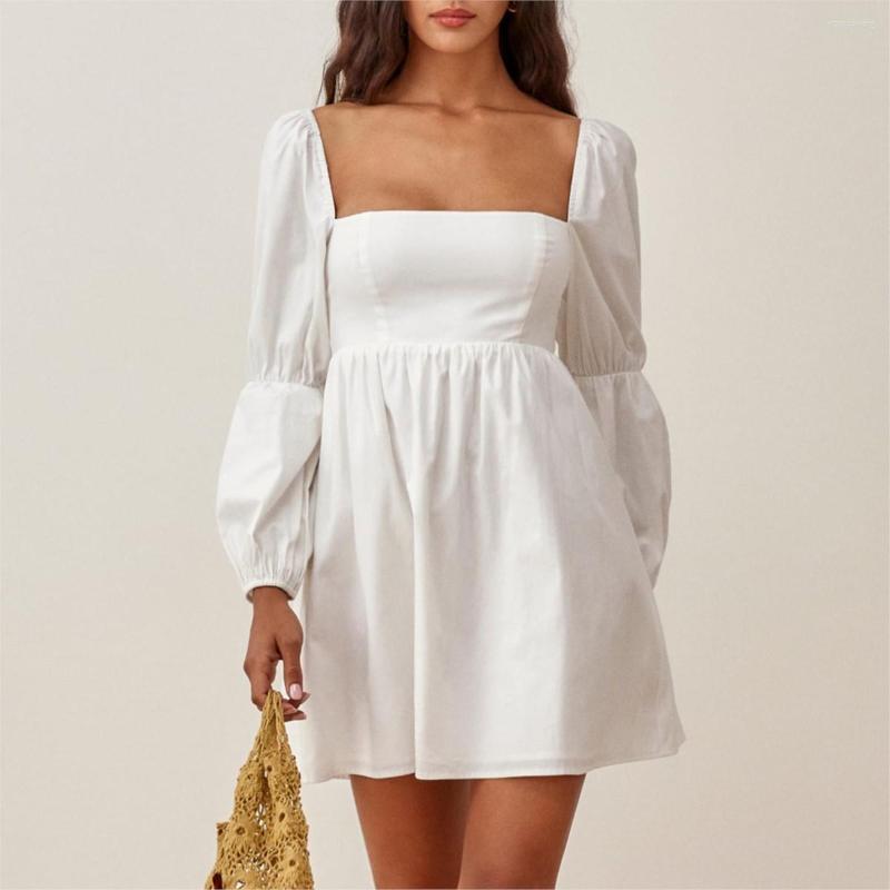 

Casual Dresses Women Elegant Back Smocked Mini Dress Long Double Puff Sleeve Sweet Babydoll Empire Waist White, Dc3963