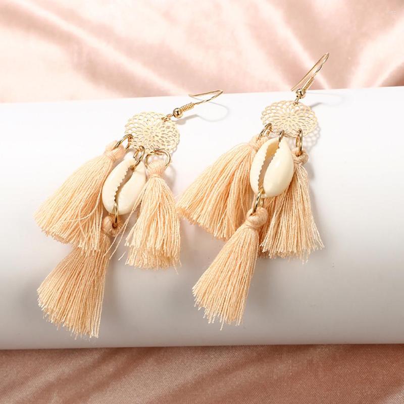 

Hoop Earrings Women Bohemian Shell Conch Hollow Metal Flower Long Tassel