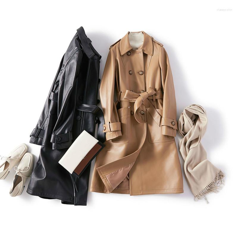 

Women' Leather Genuine 2022 Jacket Women Long Sheepskin Coat Spring Autumn Windbreaker Elegant Veste Cuir Femme 22722 KJ5204, Black