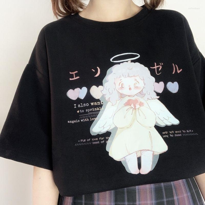 

Women' T Shirts Women Casual Tshirt White Cartoon Printed Streetwear Female Tops Tee Short Sleeve Fashion Shirt Hip Hop Clothes, Black