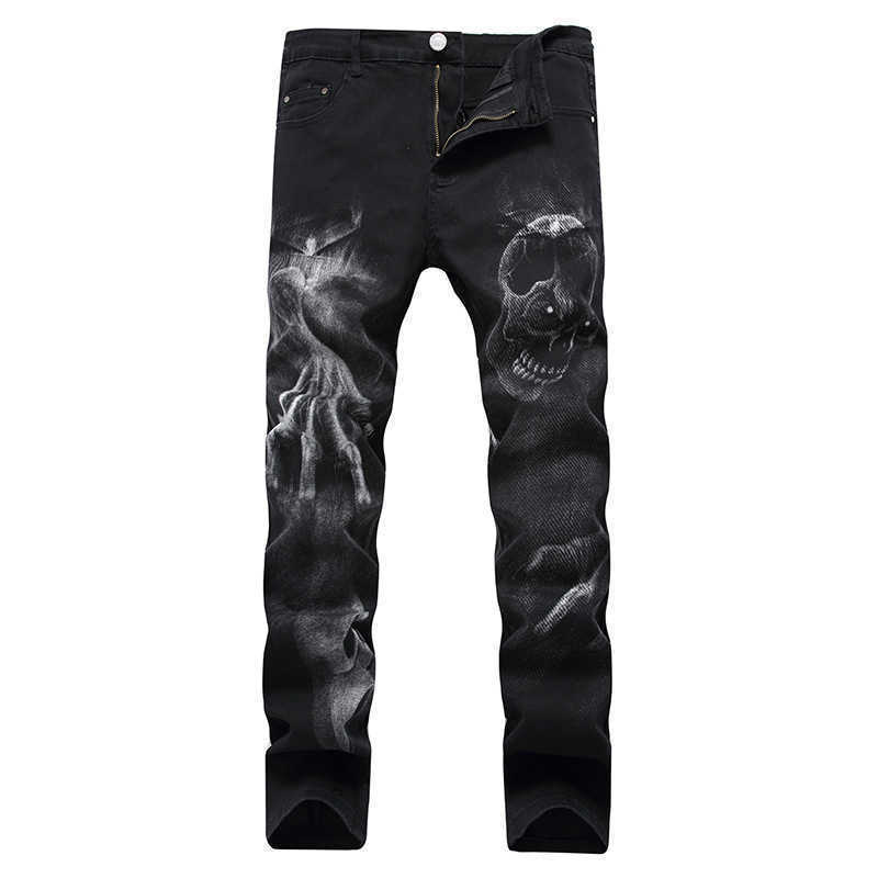 

Men's Jeans 2022 Dark Streetwear Skull Print Punk Men Vintage Slim Jeans Trousers Hip Hop Stretch Cotton Denim Pants For Teens Pantnes T221102, Black