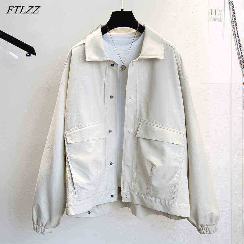 

Ftlzz Spring Autumn Women Faux Leather Short Jacket Collar Single Breasted Pu Leather Jacket 2XL Size Casual Loose Outfit J220727, Beige