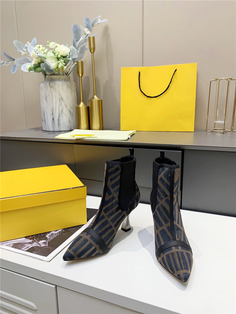 

Designer Luxury Rockoko Women Black Logo Colibri Motif Mesh Ankle Boot Zucca Print Kitten Heel Boots Bootie With Original box